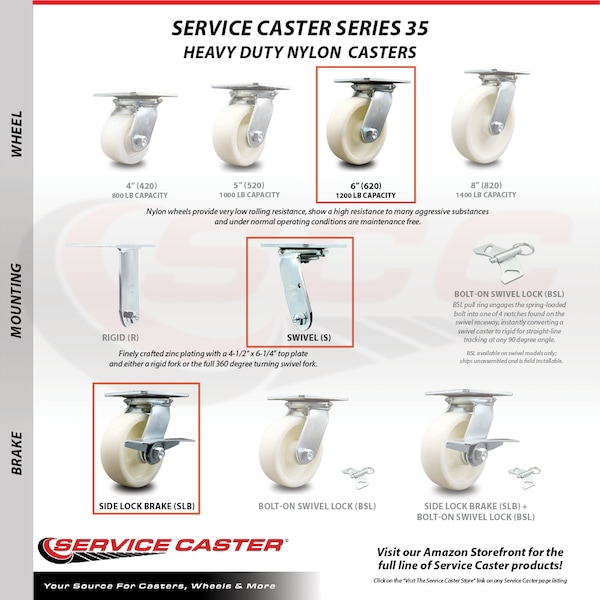6 Inch Nylon Caster Set with Ball Bearing 2 Brakes and 2 Rigid